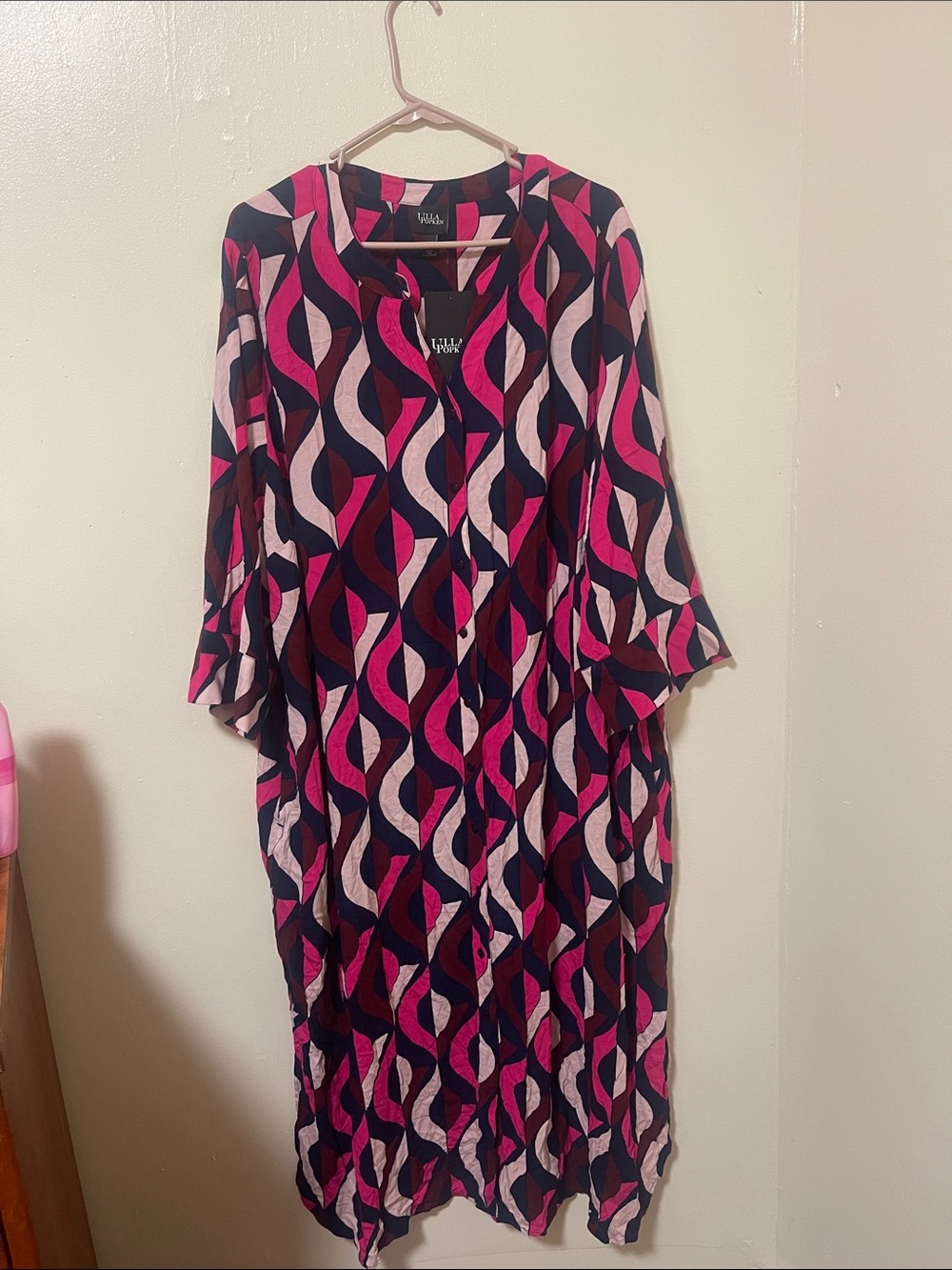 LuLaRoe Pink, Navy & White Geometric Maxi Dress